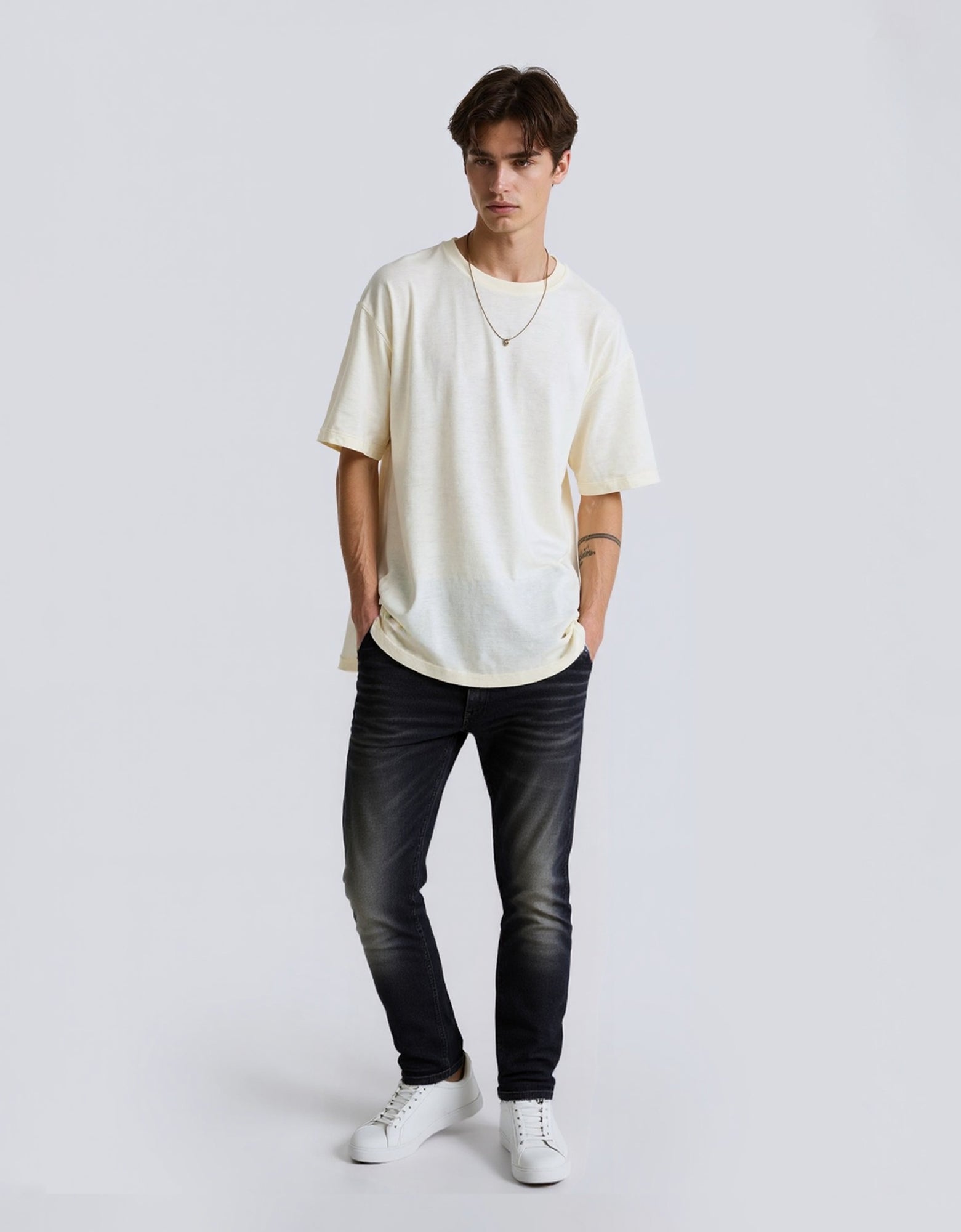 Classic five pocket washed slim denim jeans