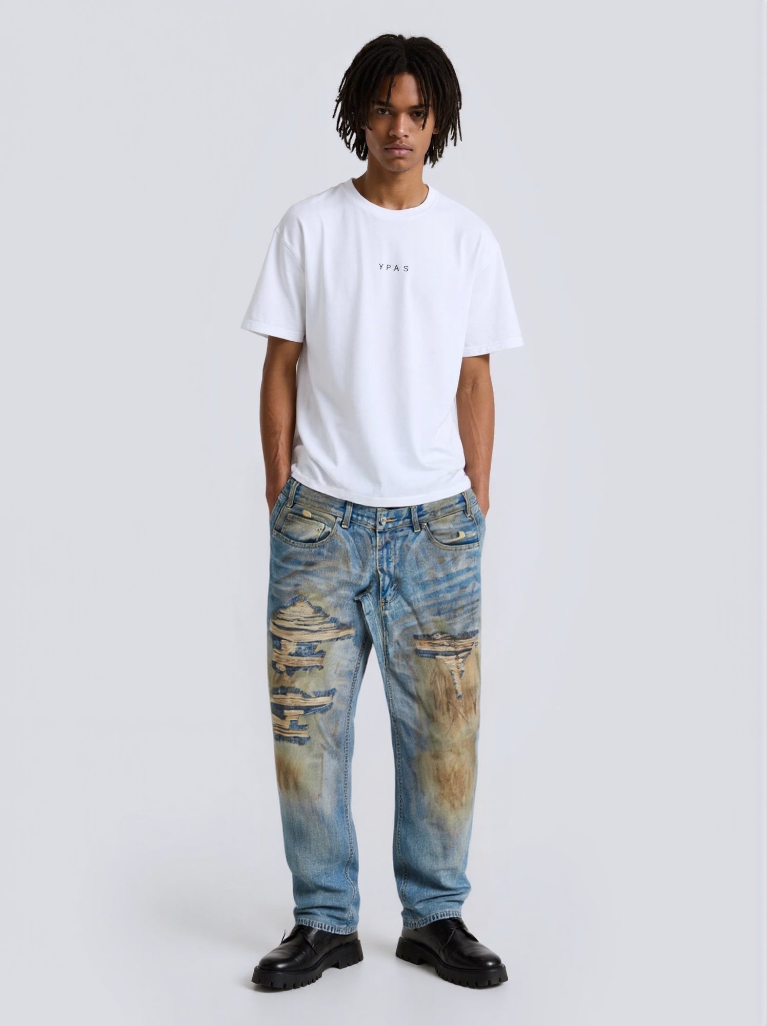 Distressed Double Waistband 3D Printed Wide-Leg Jeans