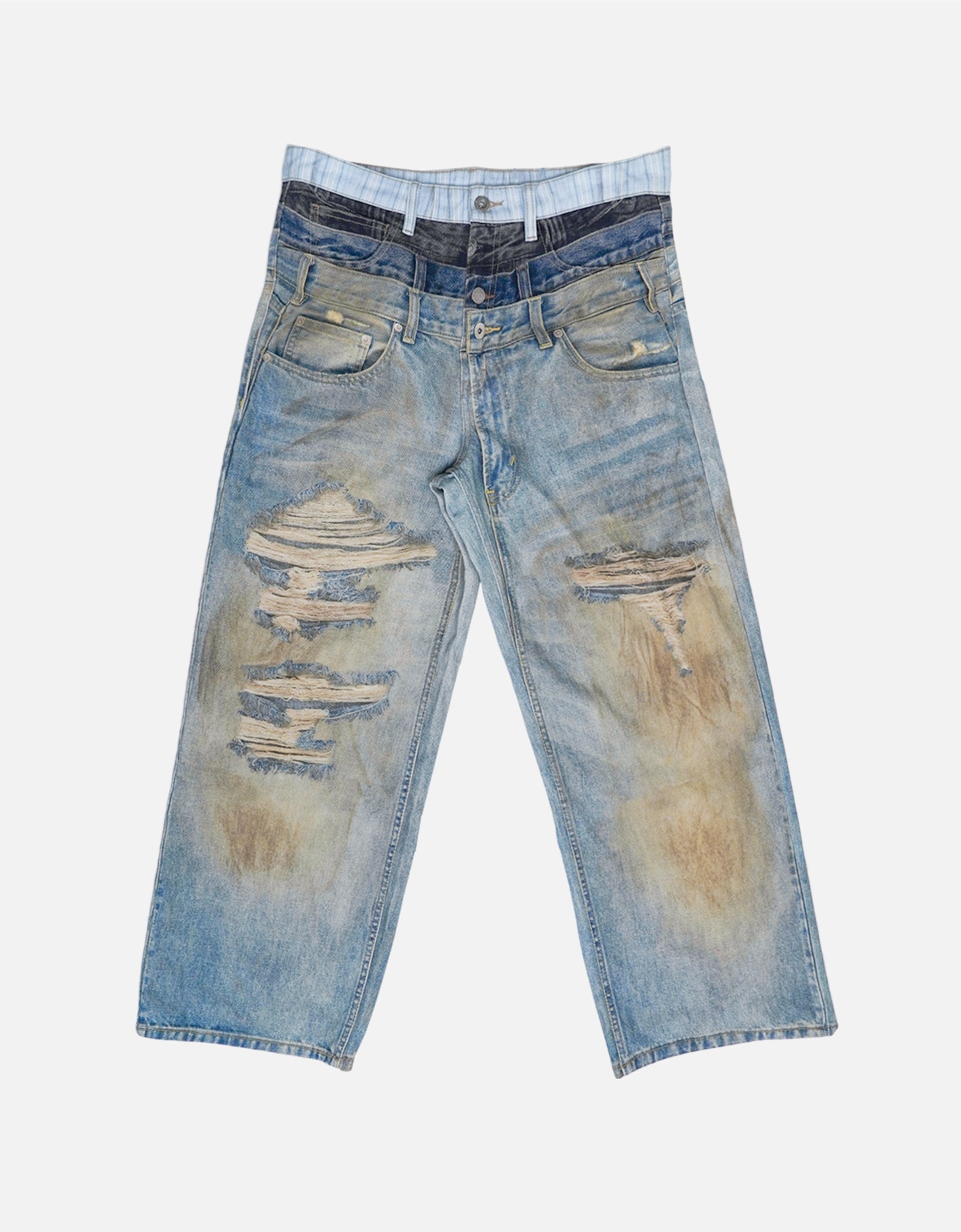 Distressed Double Waistband 3D Printed Wide-Leg Jeans