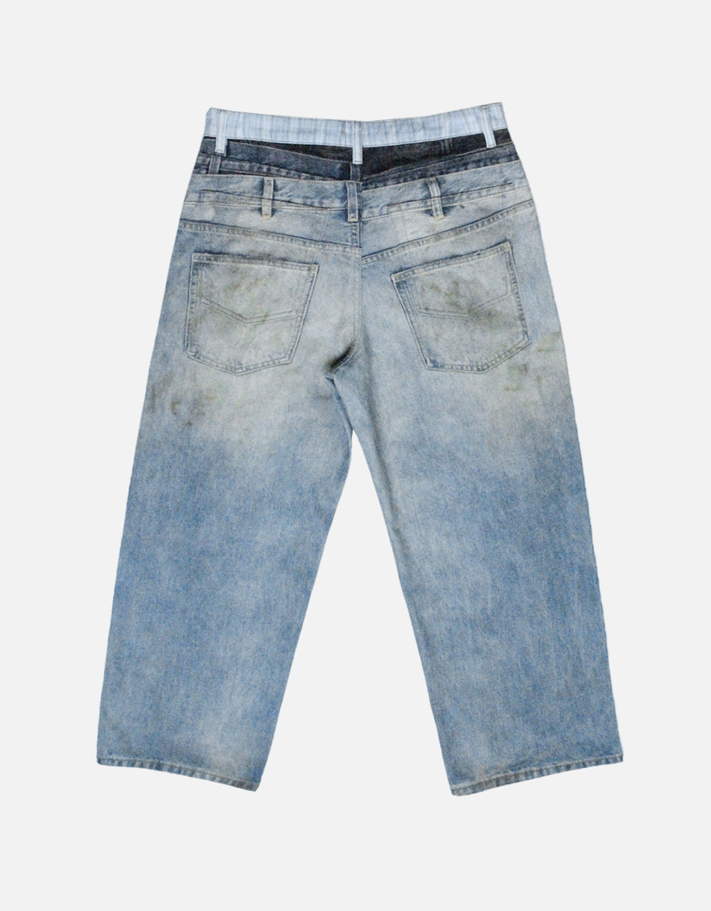 Distressed Double Waistband 3D Printed Wide-Leg Jeans