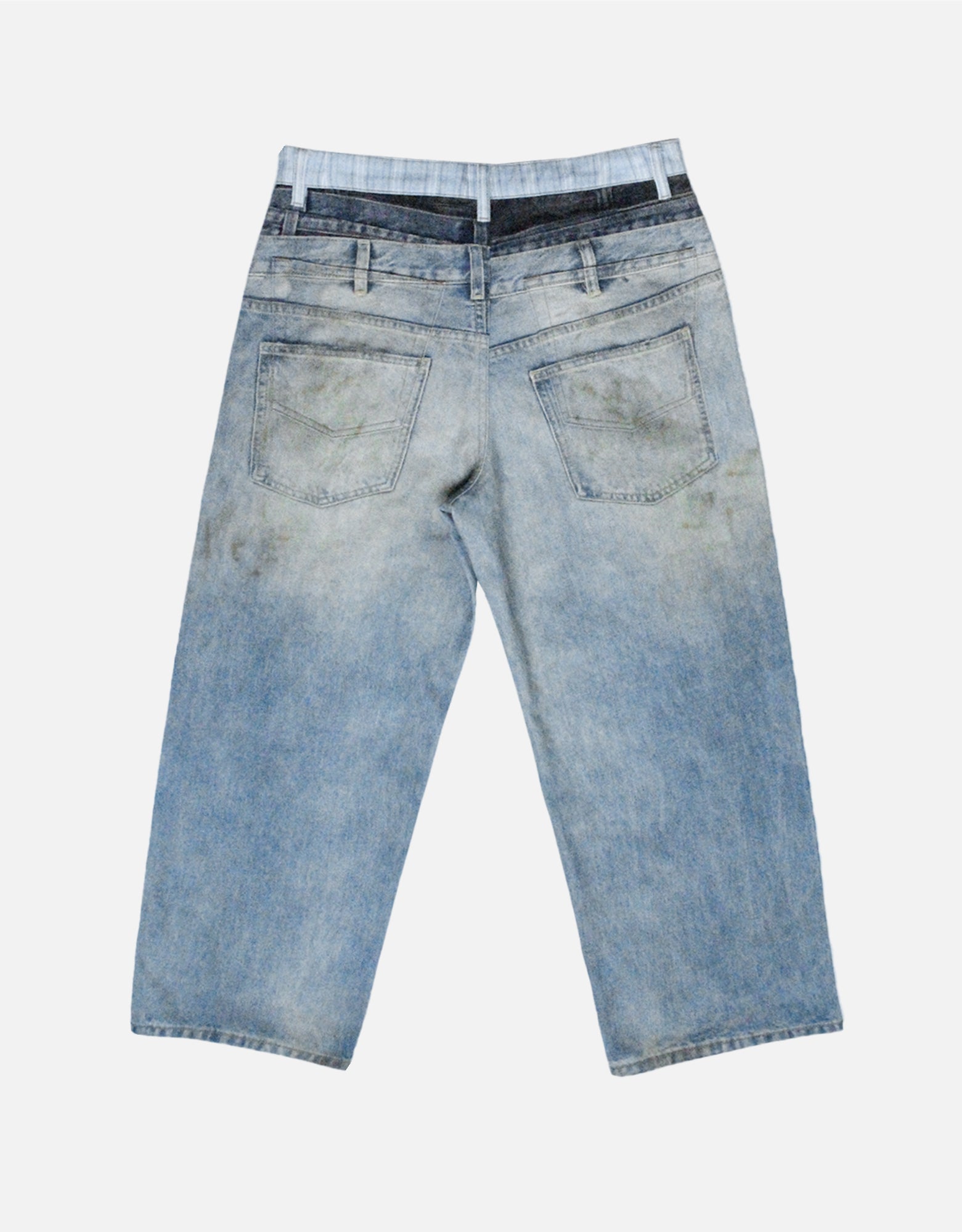 Distressed Double Waistband 3D Printed Wide-Leg Jeans