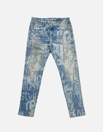 all-over letter patterns laser denim jeans