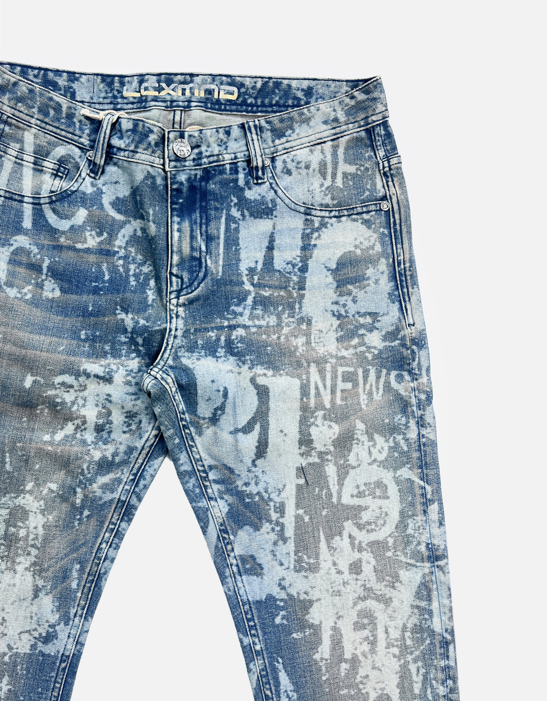all-over letter patterns laser denim jeans