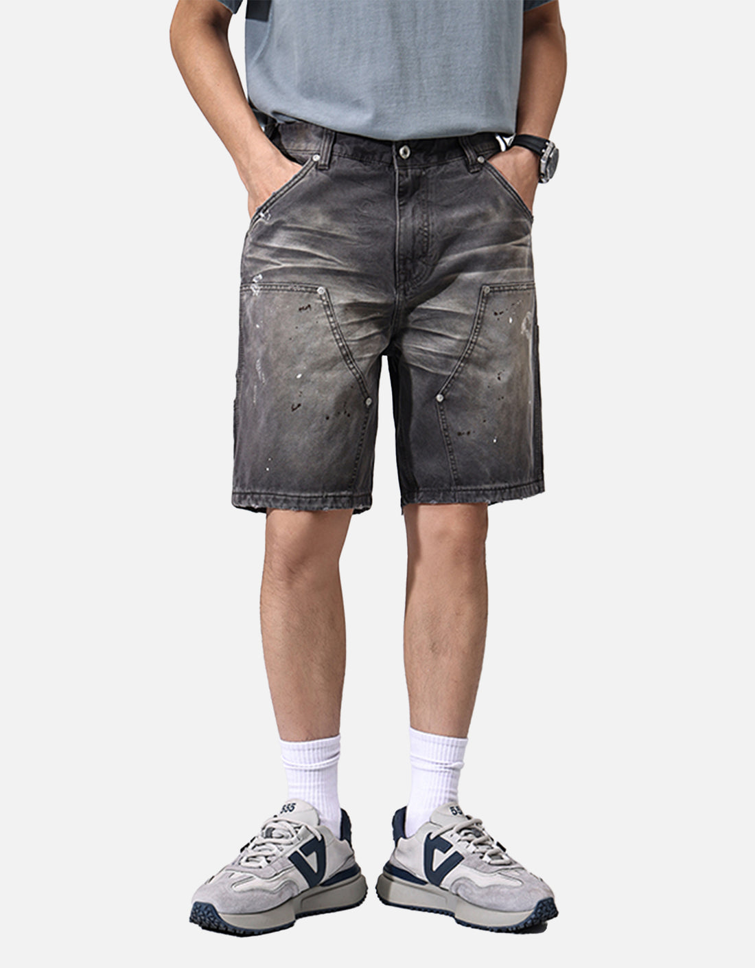 dark gray washed denim shorts