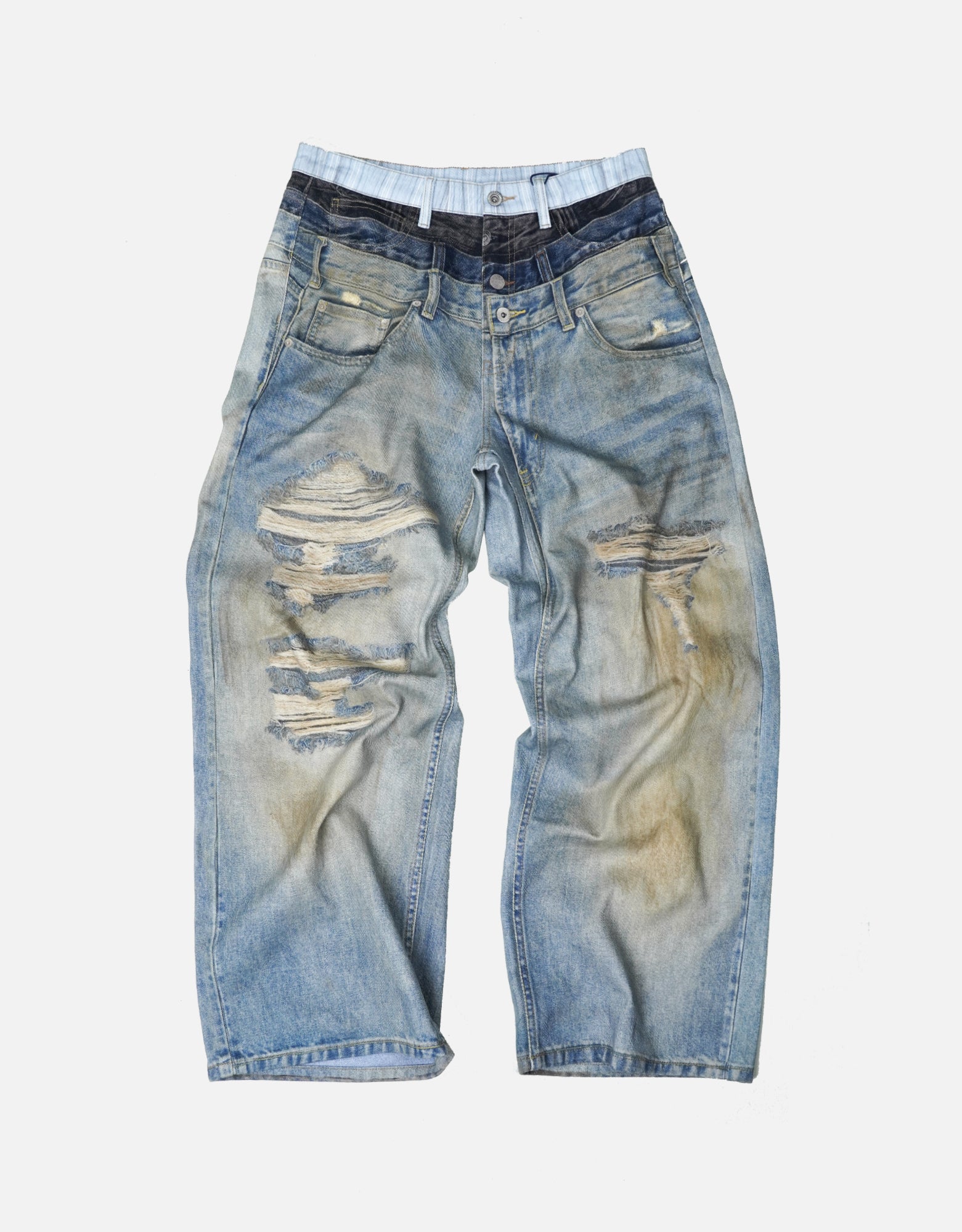 Distressed Double Waistband 3D Printed Wide-Leg Jeans