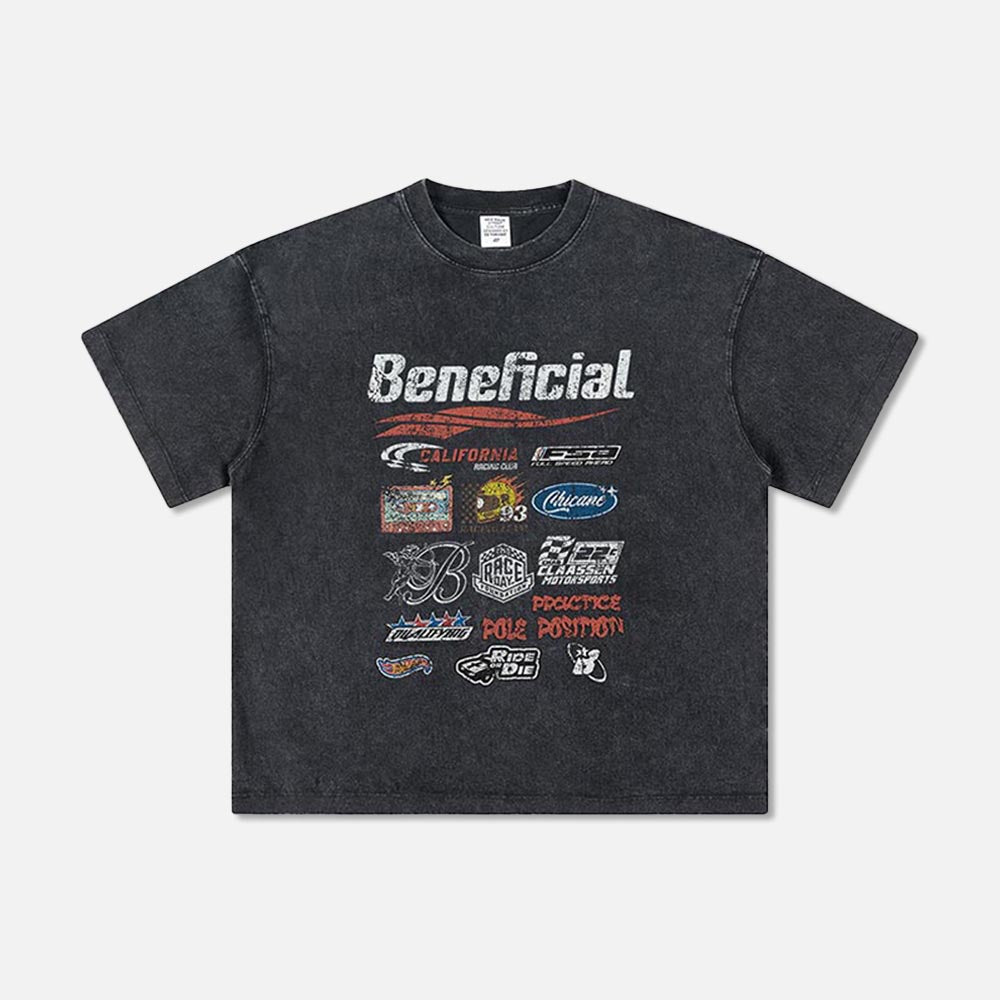 270G High Street Washed and Aged Loose Print Racing Logo Short Sleeve T-Shirt