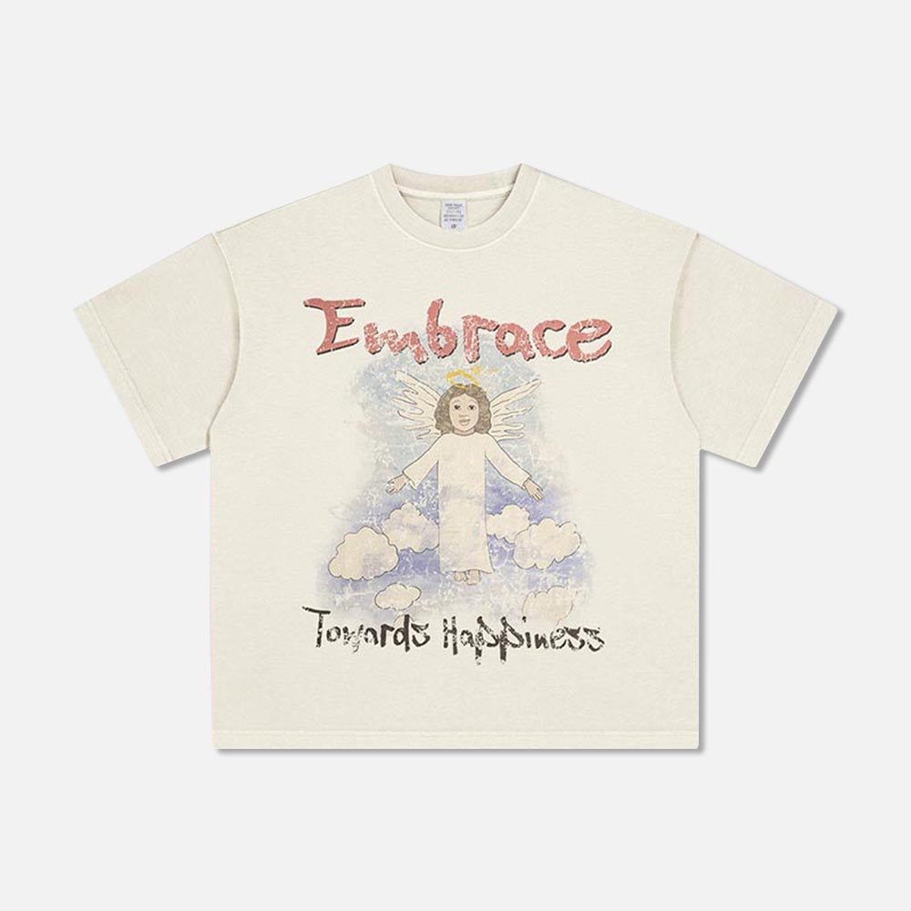 270G washed angel pattern print round neck vintage street loose short sleeve t-shirt