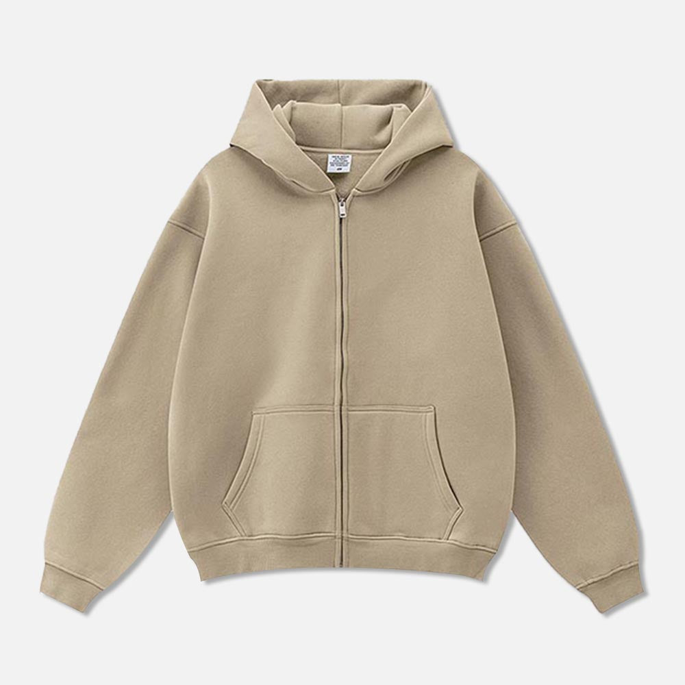 345G Loose Fleece Solid Color Zipper Hoodie Casual Pants Set