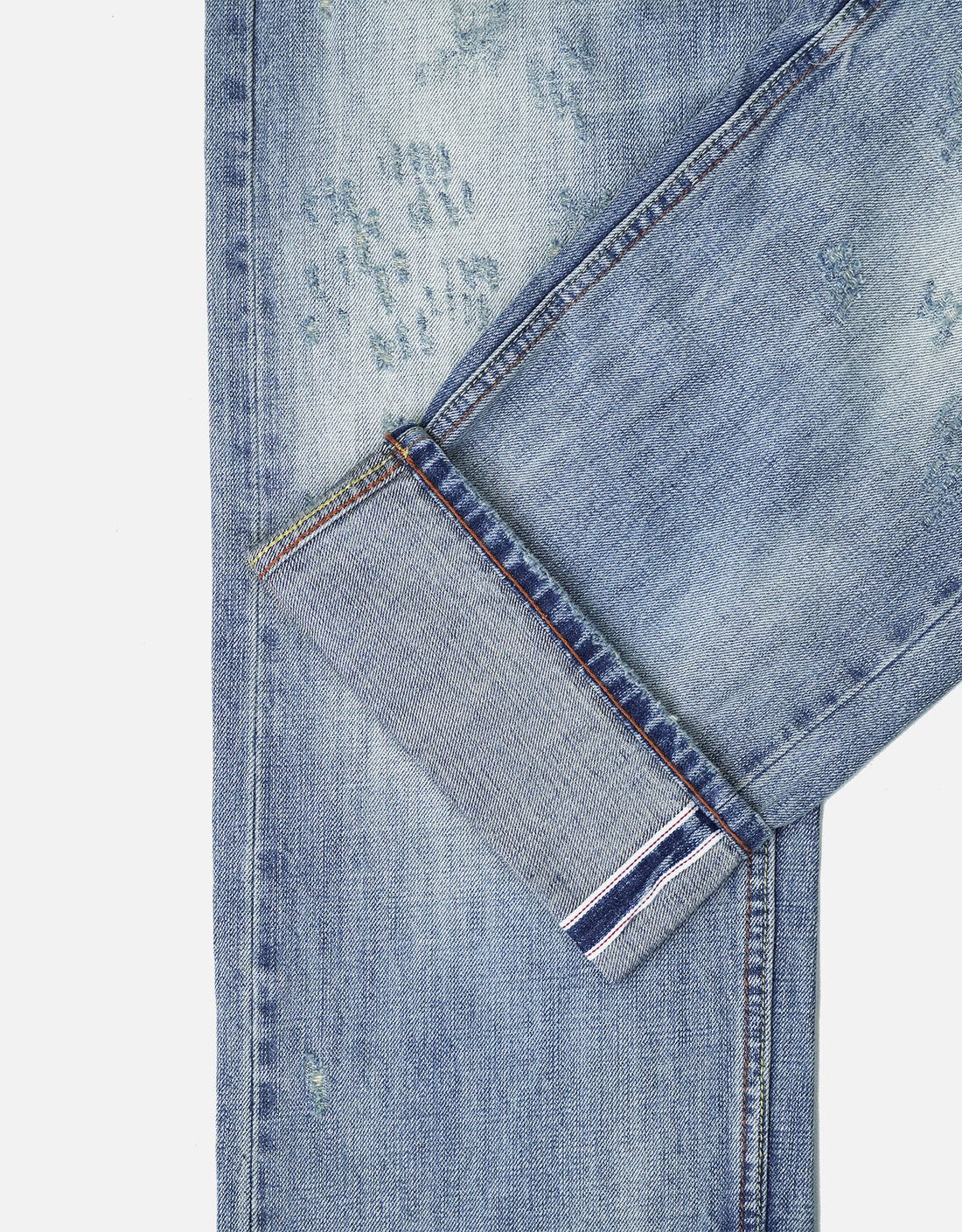 Destroyed Jeans Pants Light Distressed Wash Print Pattern Selvedge Denim