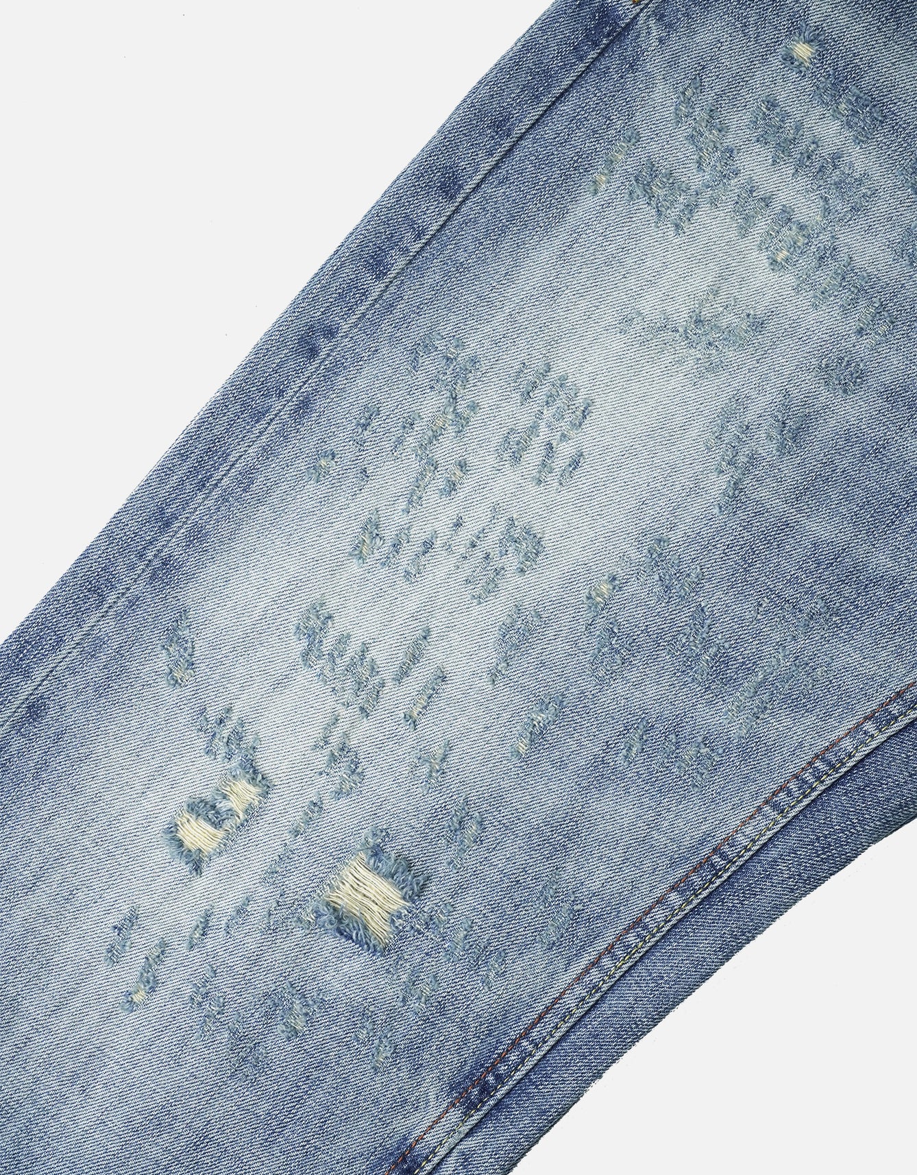 Destroyed Jeans Pants Light Distressed Wash Print Pattern Selvedge Denim