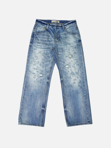 Destroyed Jeans Pants Light Distressed Wash Print Pattern Selvedge Denim