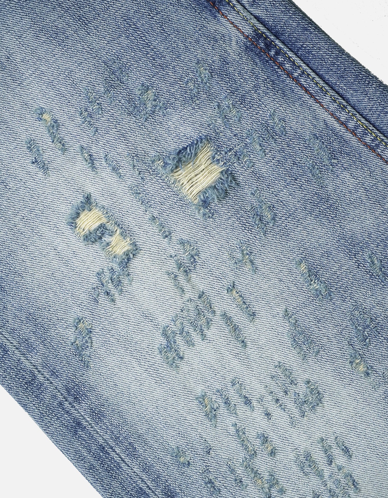 Destroyed Jeans Pants Light Distressed Wash Print Pattern Selvedge Denim