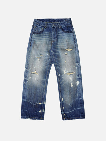 Ink-Splatter Washed Loose Straight Distressed Jeans