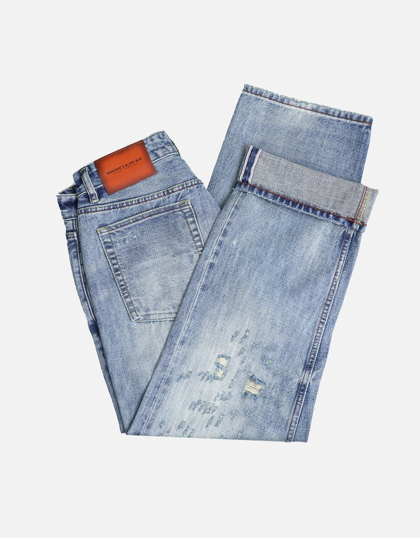 Destroyed Jeans Pants Light Distressed Wash Print Pattern Selvedge Denim