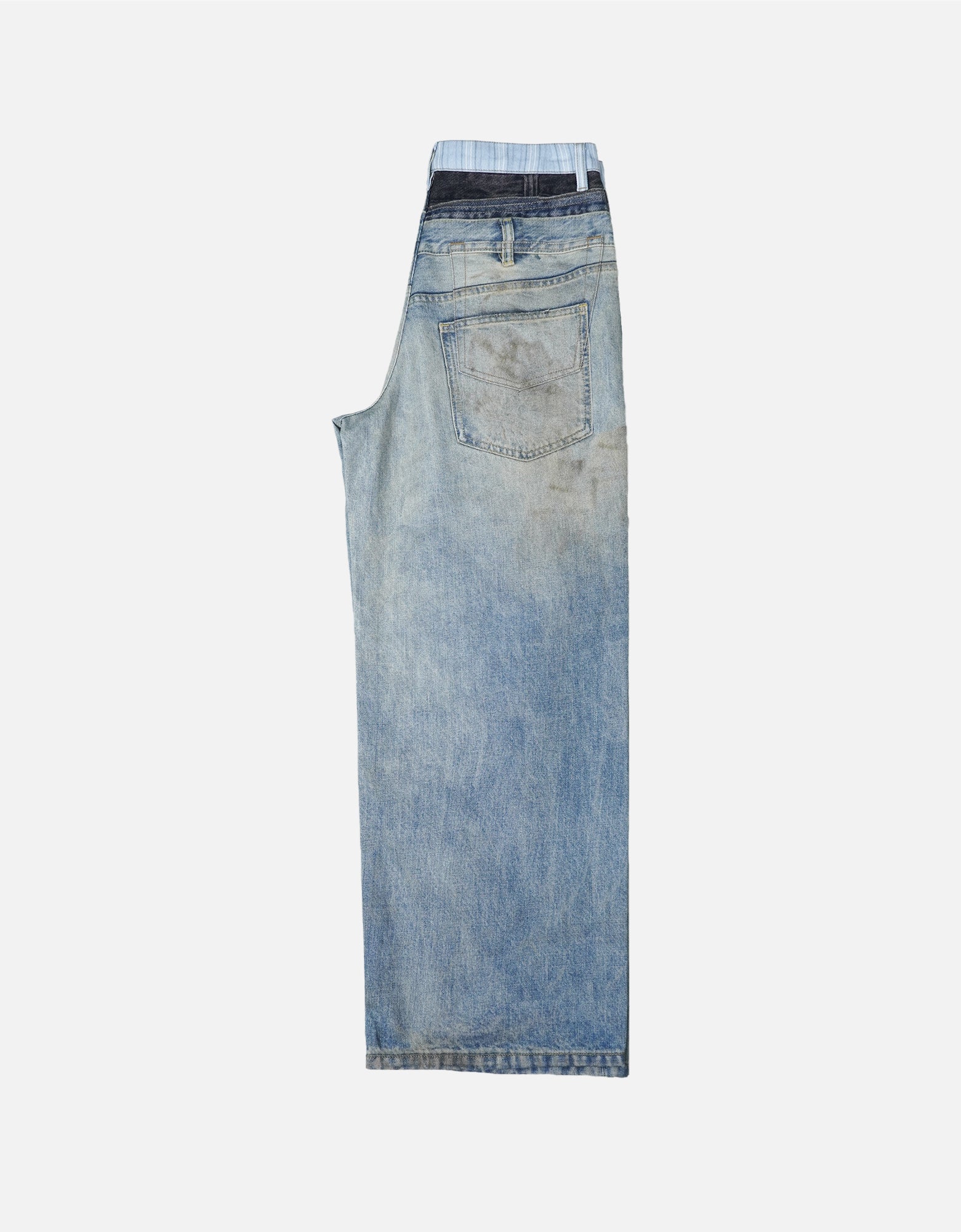 Distressed Double Waistband 3D Printed Wide-Leg Jeans
