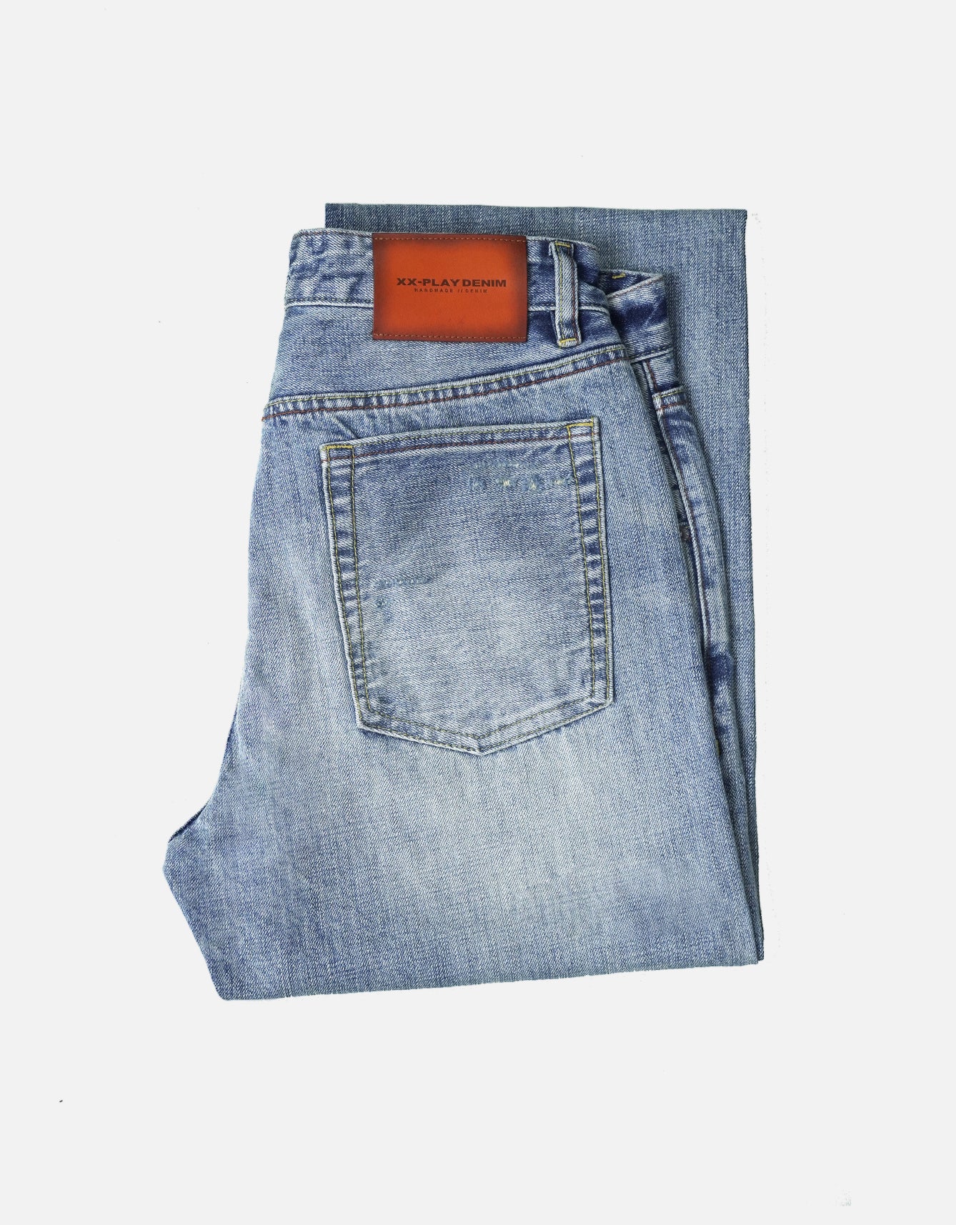 Destroyed Jeans Pants Light Distressed Wash Print Pattern Selvedge Denim