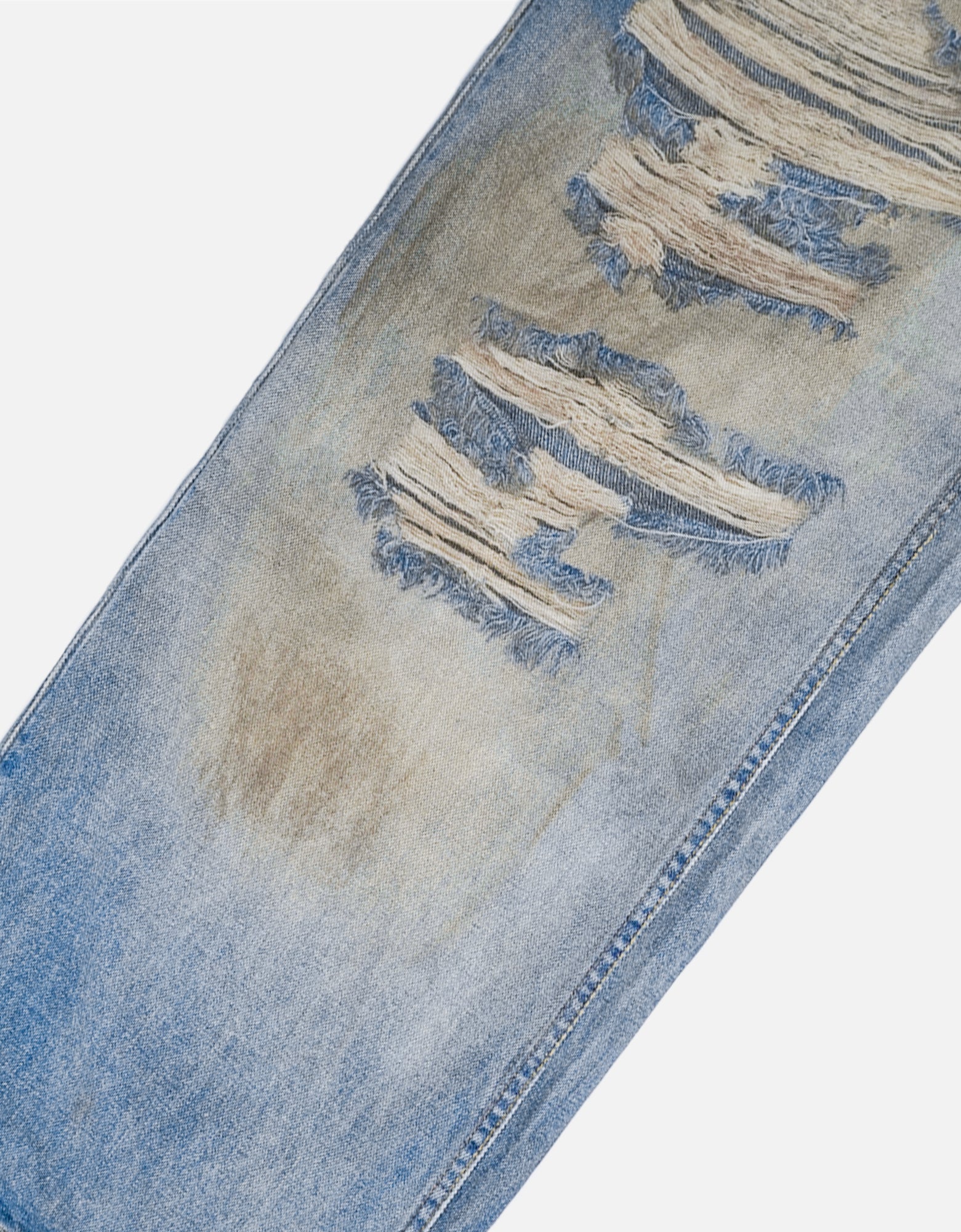Distressed Double Waistband 3D Printed Wide-Leg Jeans
