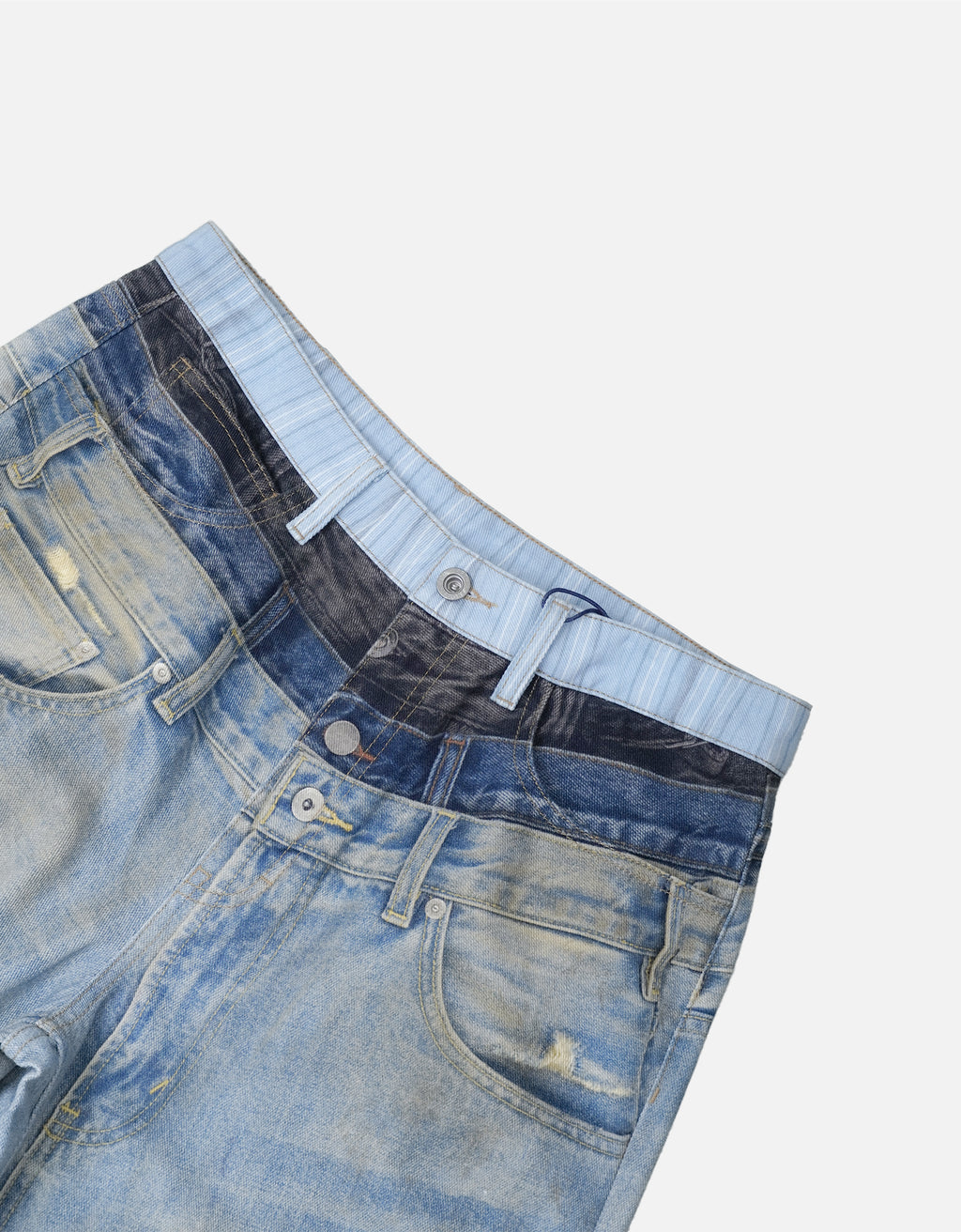 Distressed Double Waistband 3D Printed Wide-Leg Jeans