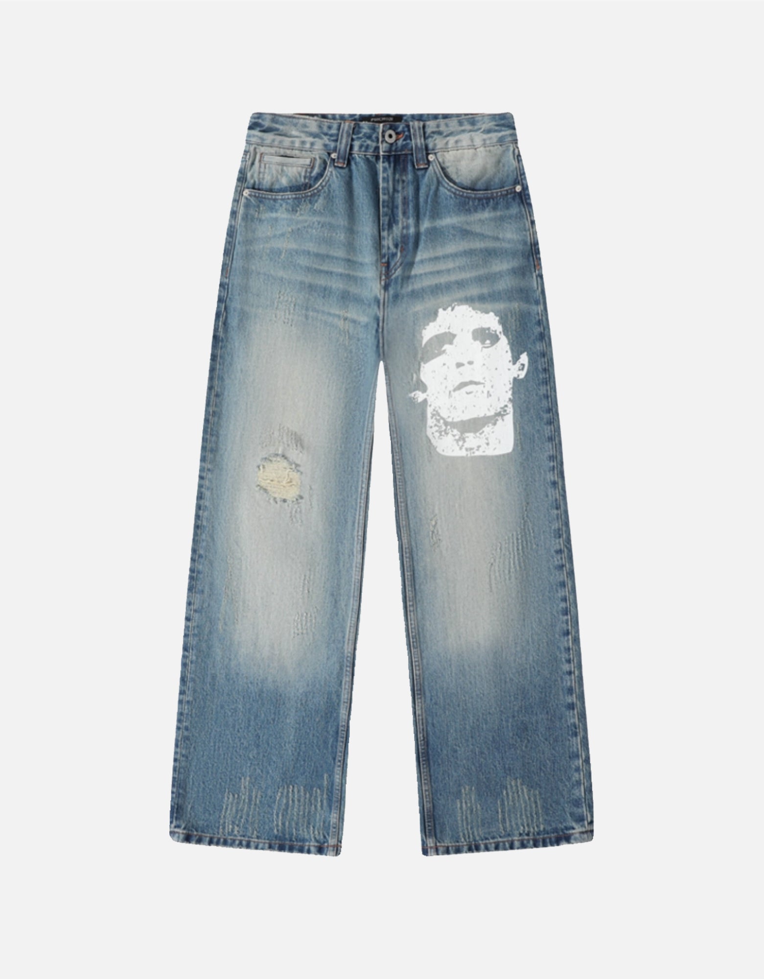 Rock Portrait Print Loose Straight Washed Distressed Vintage Jeans