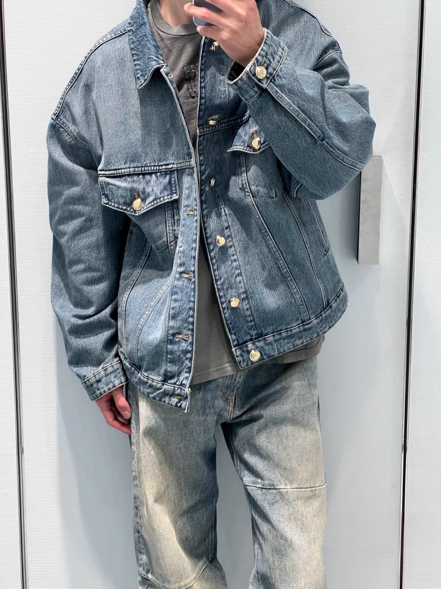 Washed Distressed Gold Button Denim Jacket