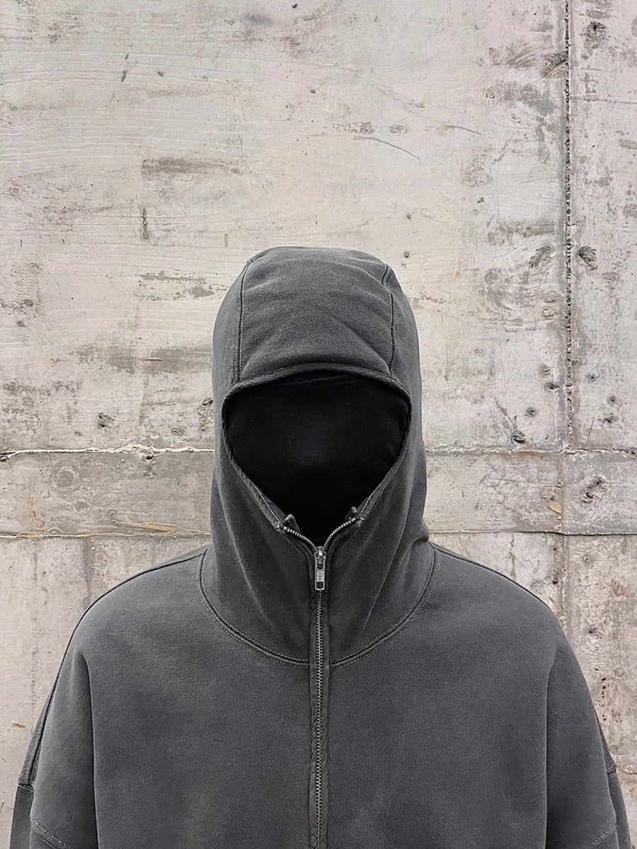 FAR ARCHIVE Vibe High-Street Masked Zip Washed Distressed Hoodie