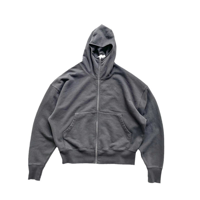 FAR ARCHIVE Vibe High-Street Masked Zip Washed Distressed Hoodie