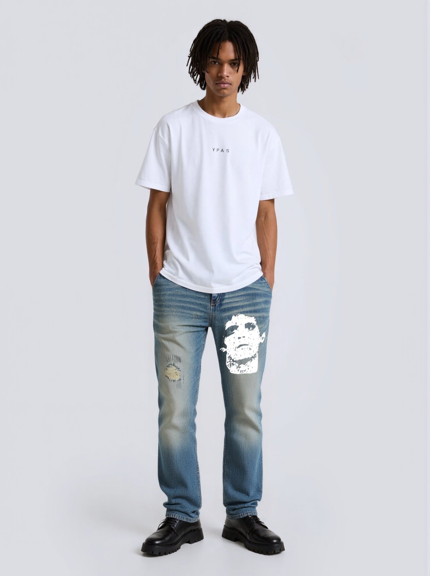 Rock Portrait Print Loose Straight Washed Distressed Vintage Jeans