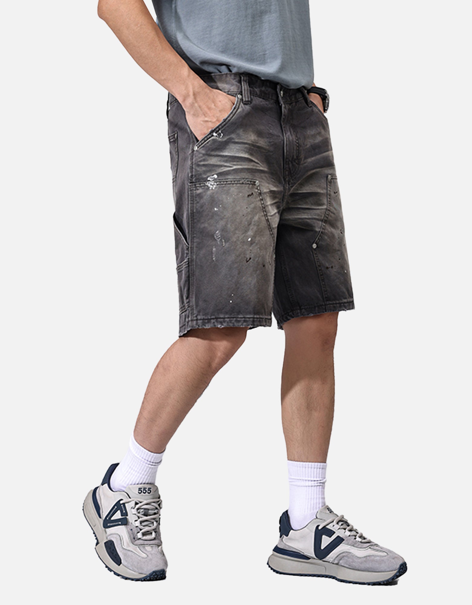 dark gray washed denim shorts