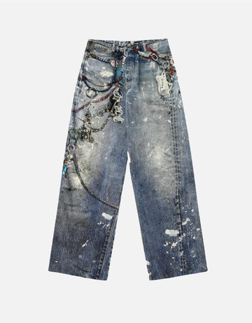 3D Digital printed wide-leg jeans